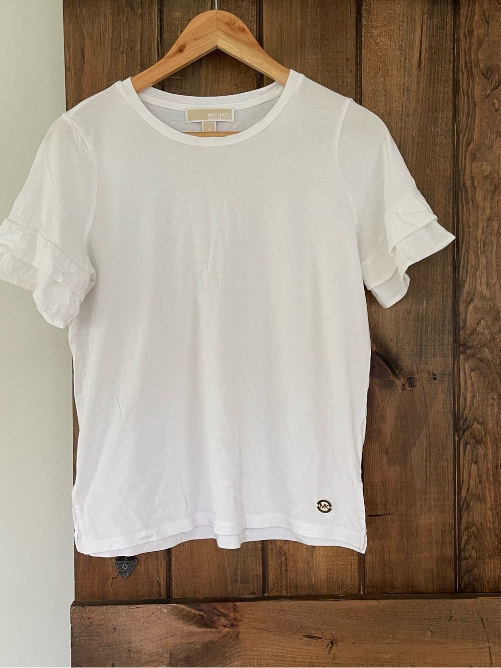 Michael Michael Kors White Cotton Ruffle Sleeve Crewneck Tee Medium